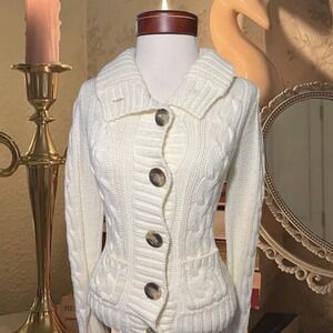 Aeropostale Y2K Cream Cable Knit cardigan with large collar and pockets